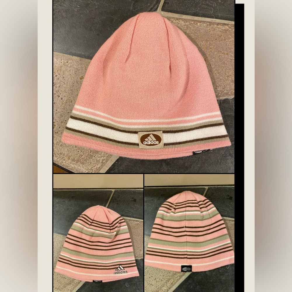 Y2K Adidas Reversible ClimaWarm Beanie Pink Brown White Stripes - Picture 8 of 13